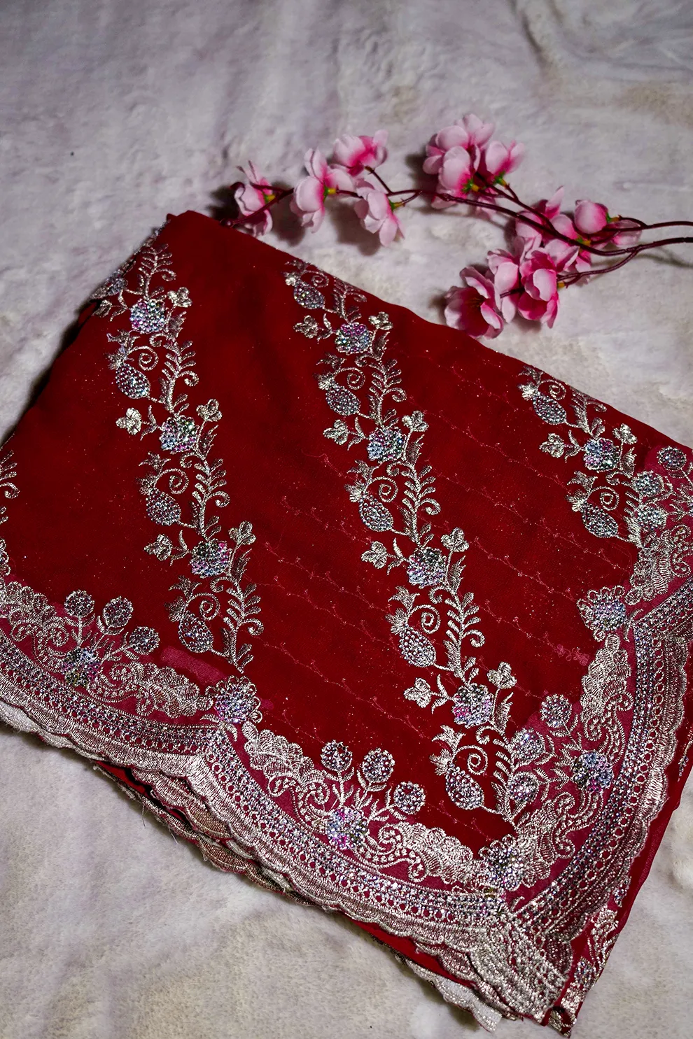 Red -Maroon High quality Siroski Glass Stone Silk Blend Mixed Chiffon Georgette Saree